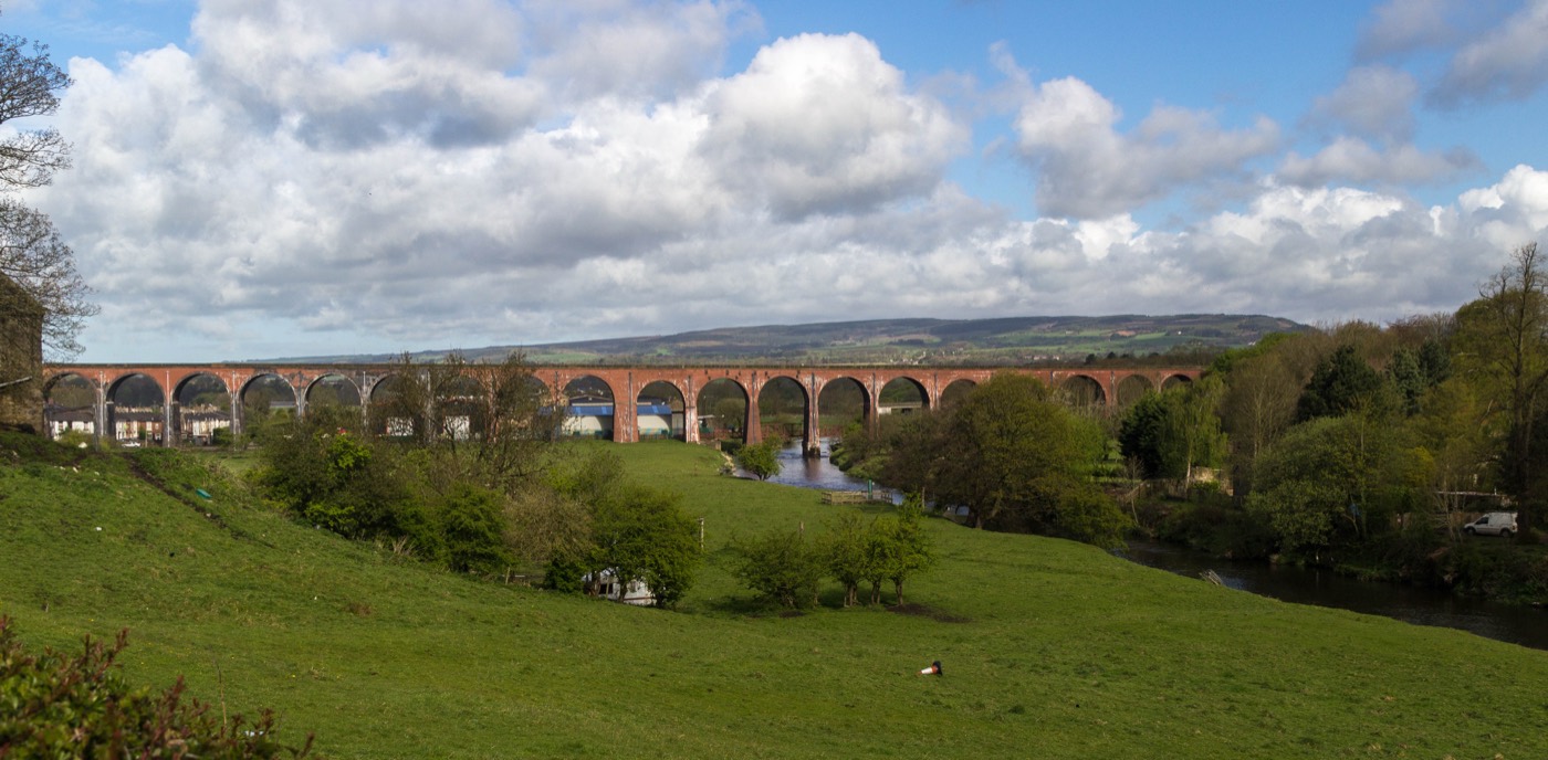 The long red-brick Whalley Viaduct crossing the Calder valley